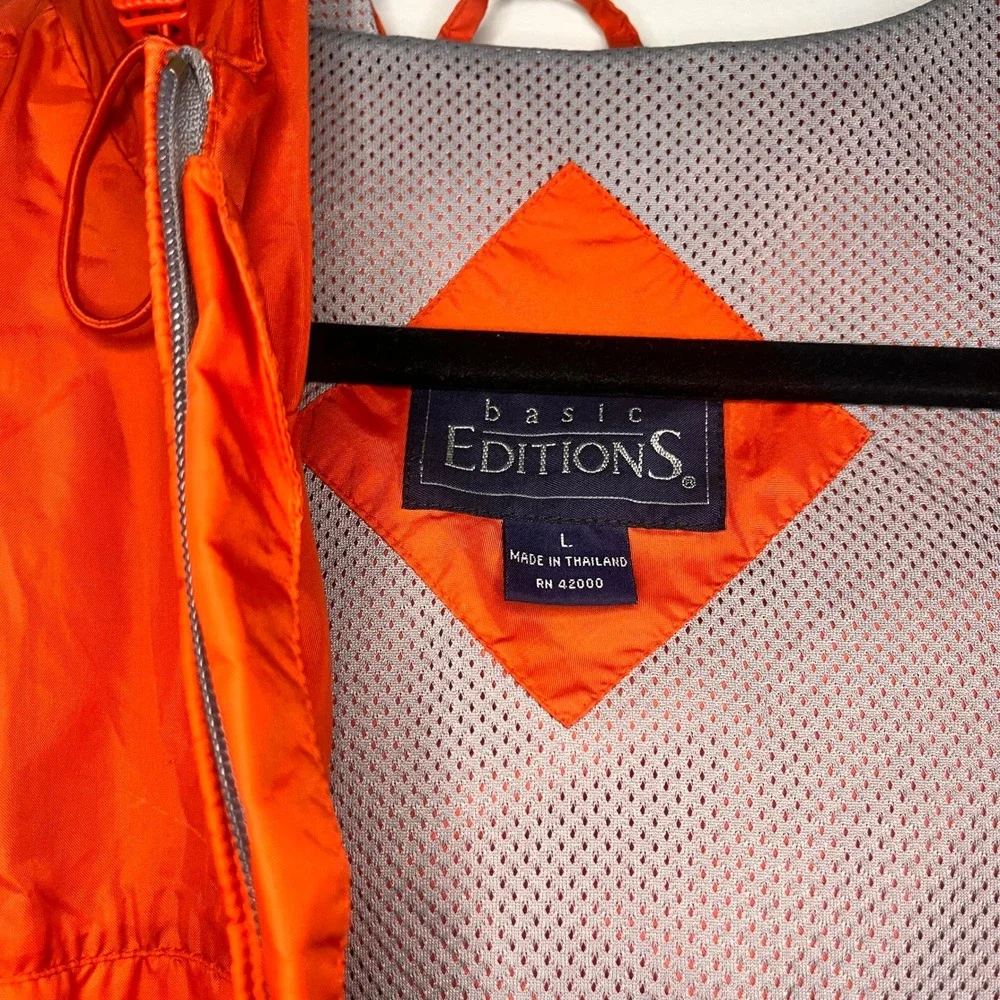 Basic Editions Mens Orange Hooded Windbreaker Jacket Full Zip Mesh Lined Large - Picture 6 of 7